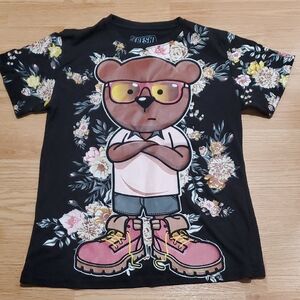 fresh Laundry Black Tee with Bear Graphic and Pink Boots Size Medium Kids Floral
